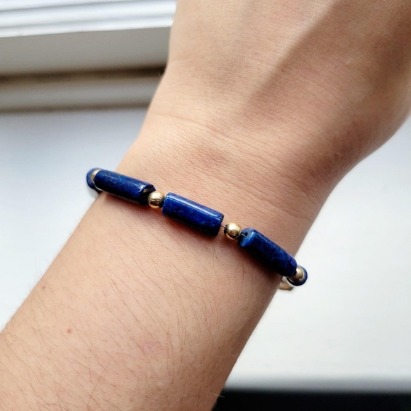 Vintage 14K GF Lapis Lazuli Egyptian Scarab Gemstone Beaded Bracelet - Picture 4 of 8